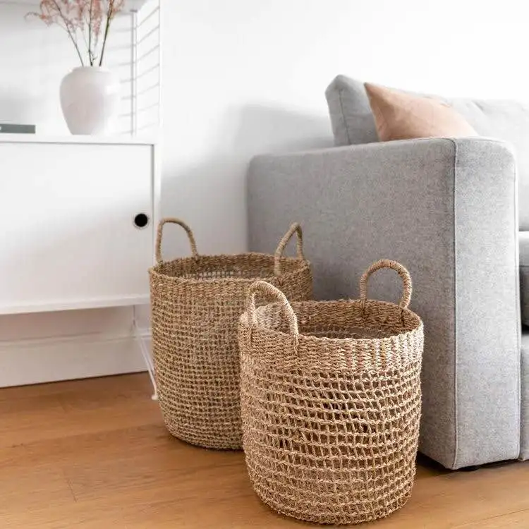 Woven Basket Sustainable Wholesales SEAGRASS BASKET DESIGN  BELLY BASKET WITH LID Home decor Handicraft in Vietnam