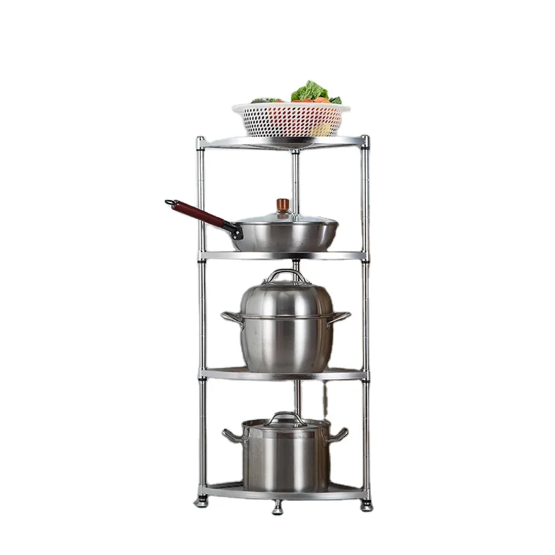 4 Tiers Triangular shaped Wire Corner Shelf Chrome Kitchen Pan Stand Pot Saucepan Storage Holder Rack