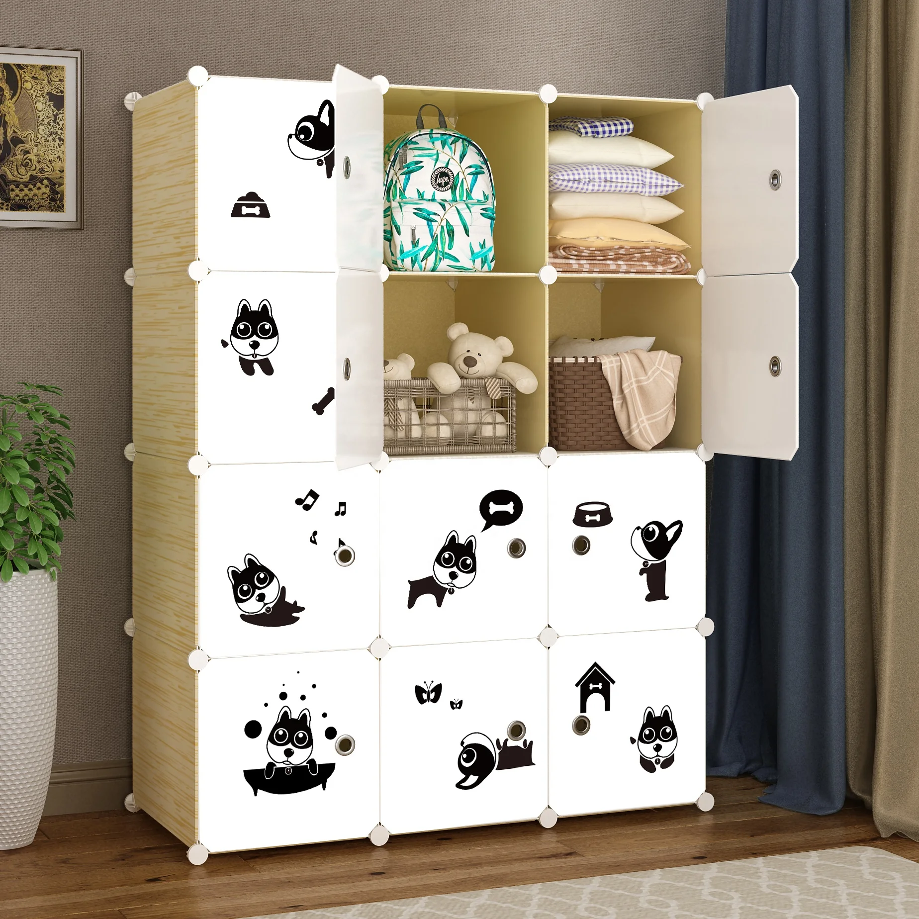 Hot Selling Cartoon Plastic Baby Clothes Closet Kids Storage Cabinet Shelf Bedroom Furniture Portable Wardrobe