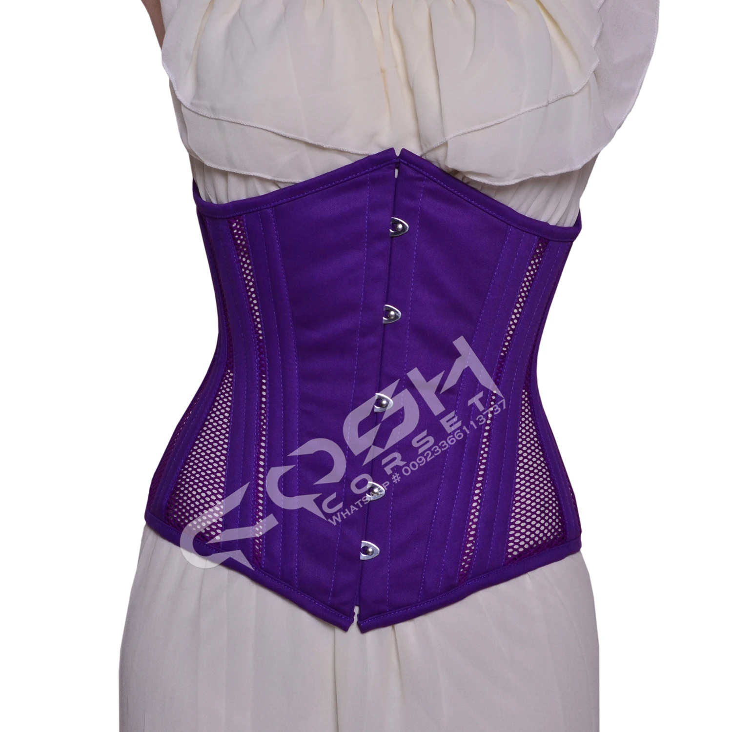 Party Wear Steel Boned Plain Purple Mesh And Cotton Under Bust With Extreme Curvy Shape, Waist Slimming Casual Wear Hourglass
