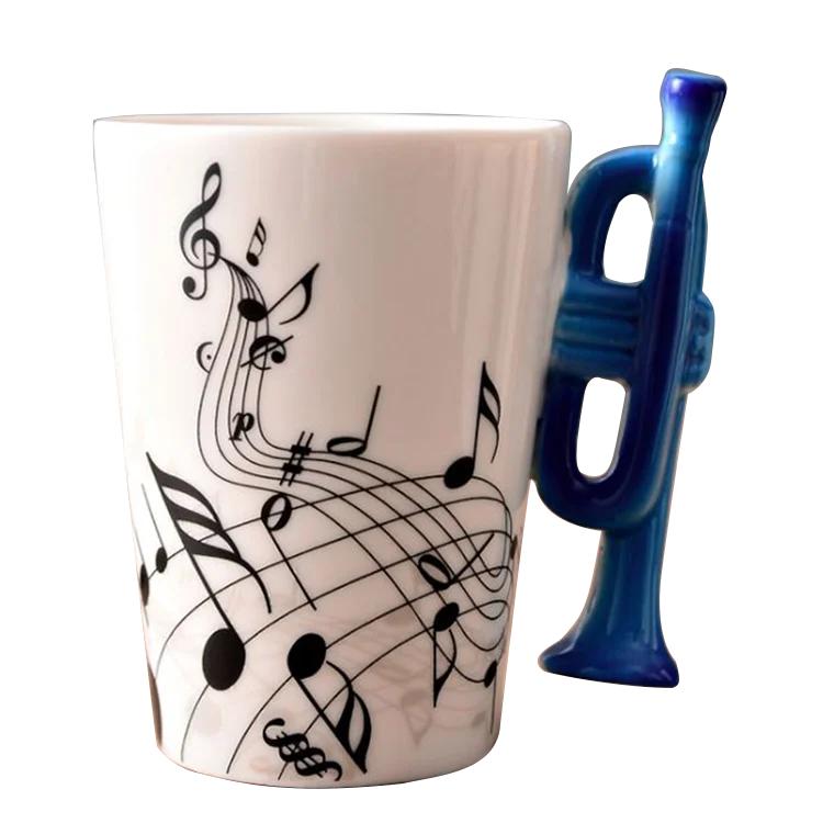Blue Musical Design With Unique Trombone Handle Ceramic Coffee Mug