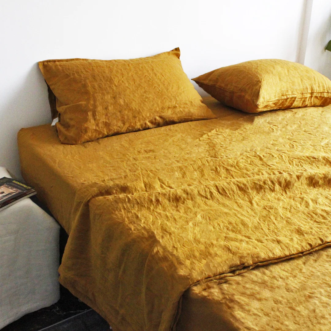 luxurious 100% French flax linen enzyme washed bed sheet set linen duvet cover set fitted sheet pillowcase