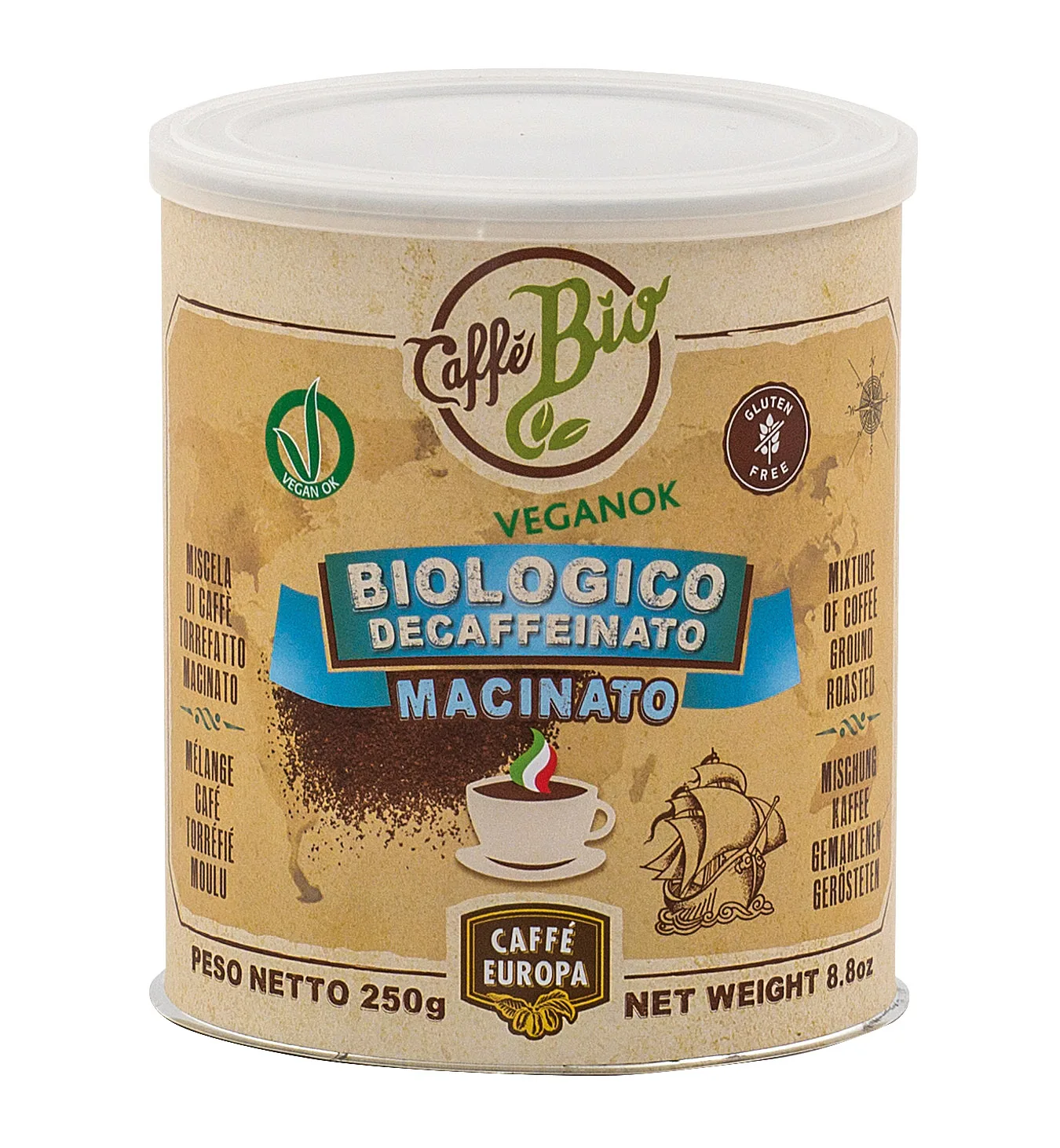 Organic, Vegan and Gluten Free Ground Coffee Caffe Europa 80% Arabica 20% Robusta Decaffeinated Blend in Tin 250g