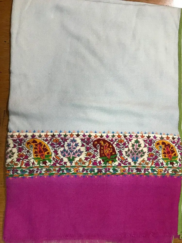 Pure Cashmere Stole Real Hand Embroidered ANTIQUE BORDER  ombre scarf