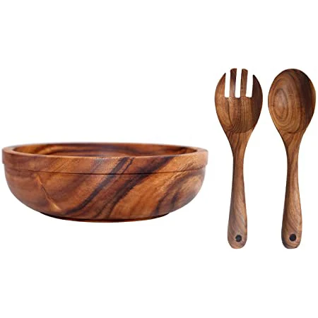 Acacia Wood Salad Bowl with Servers Set - Large 10 inches Solid Hardwood Salad Wooden Bowl with Spoon for Fruits,Salads