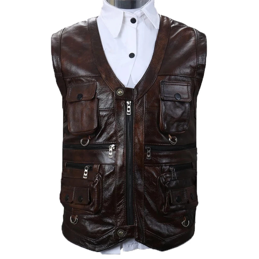 Мужской мотоциклетный жилет из натуральной овечьей кожи черно-коричневый кожаный с карманами зимняя куртка все цвета 2020