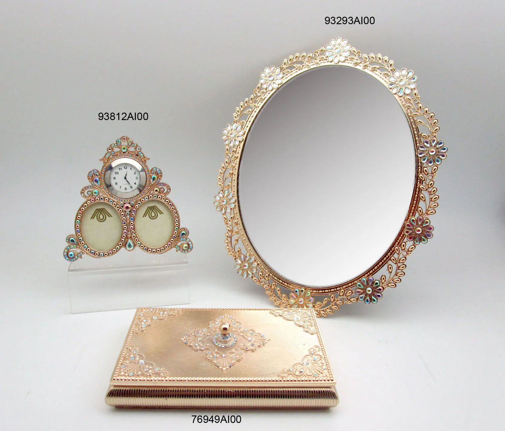 HIGH QUALITY DECORATIVE VANITY MIRROR BEADS GOLD OVAL METAL FREE STAND