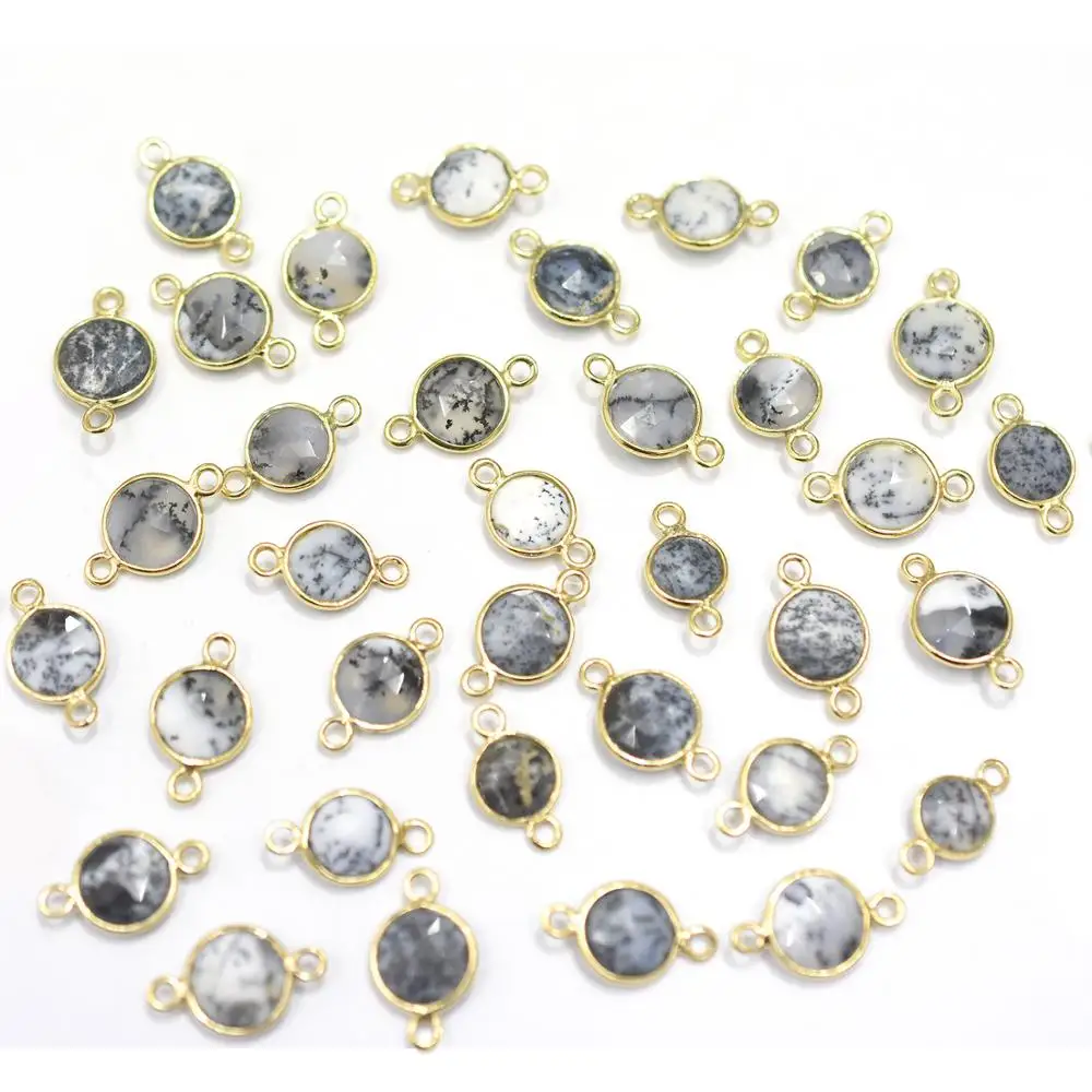 Dendritic Opal Round Shape 925 Sterling Silver Bezel Gold Plated Connector Handmade Jewelry Making