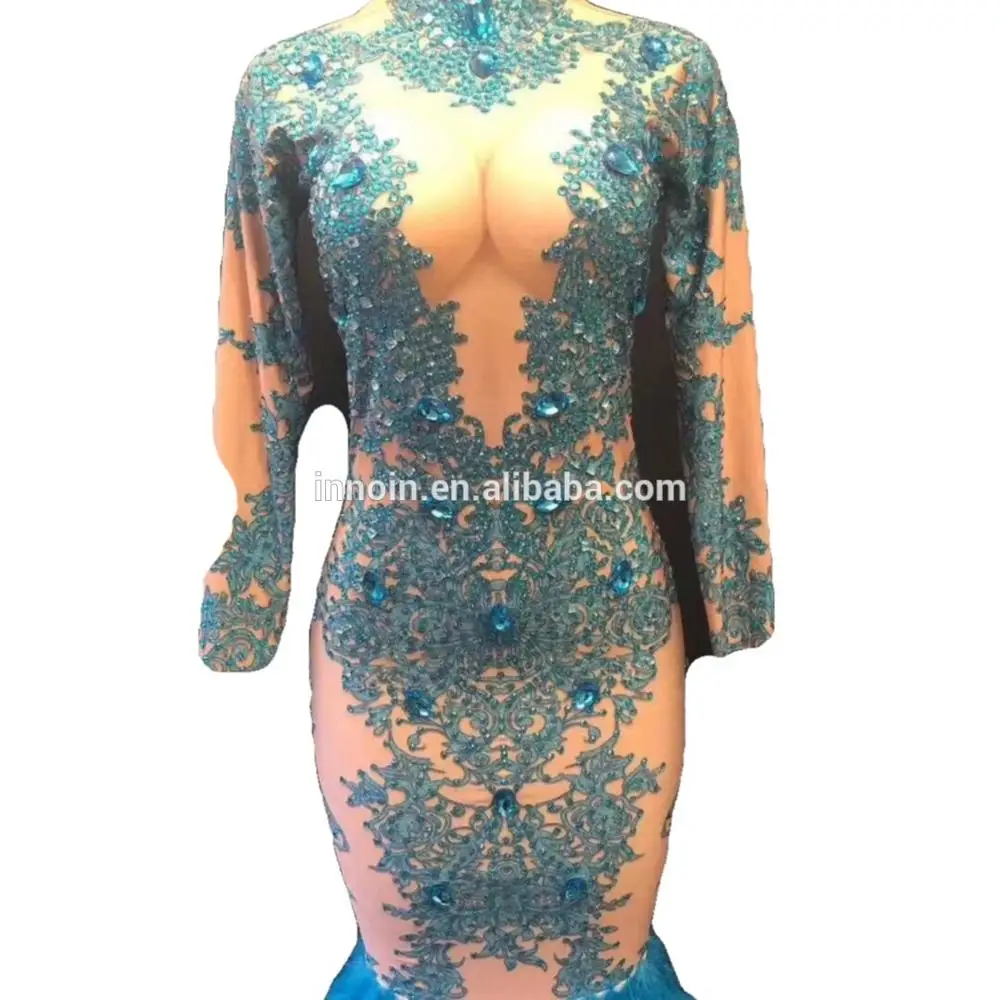 
Sparkling Sapphire blue Rhinestone Feather Trailing Dress Birthday Celebration Banquet Evening Wear Concert Ball Singer Dress 