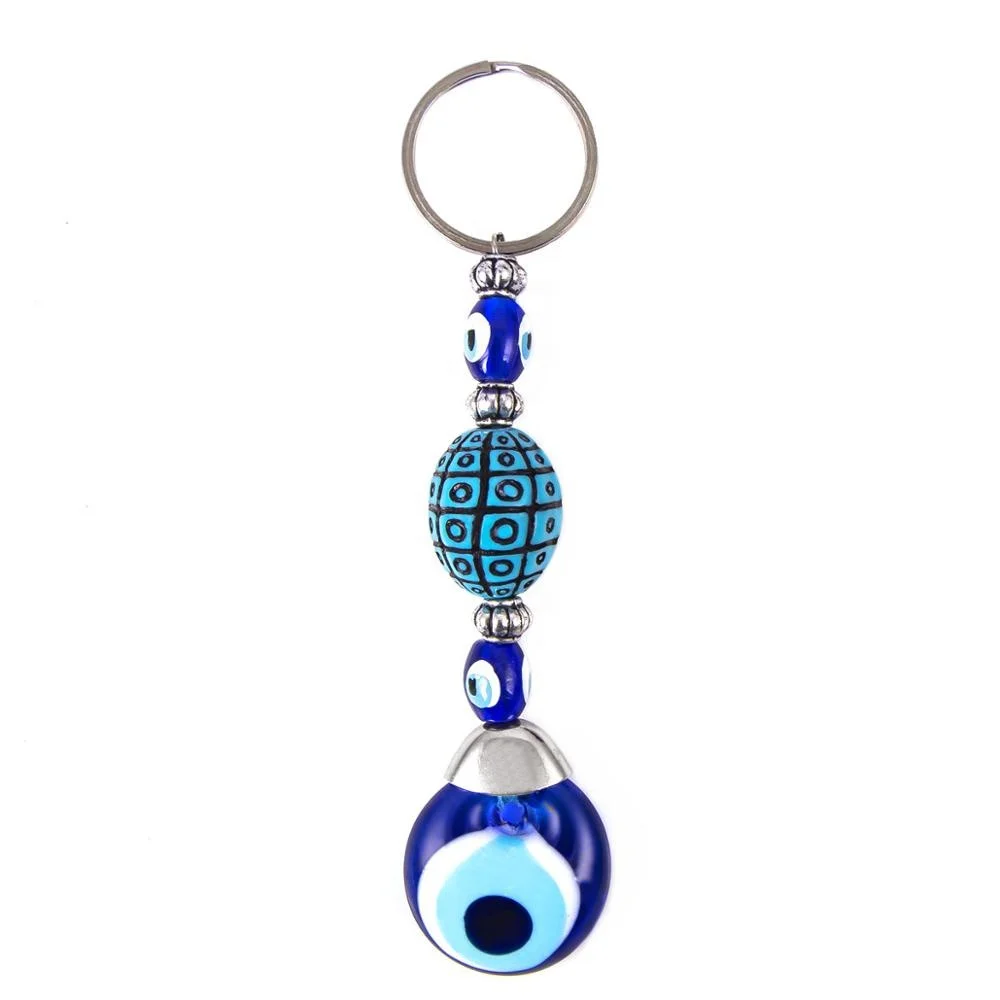 Turquoise Round Shaped Hand Made Glass Evil Eye Beaded Key Chain in