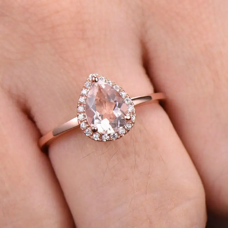 Pear Cut Morganite Engagement Ring 6 x 8 mm Rose Gold Plated Plain Band Minimalist 925 Sterling Silver Bridal