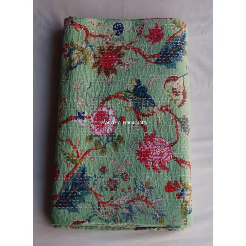 Индийское Хлопковое одеяло Kantha ручной работы светло-зеленого цвета с цветочным принтом красивое цветочное покрывало оптовая продажа