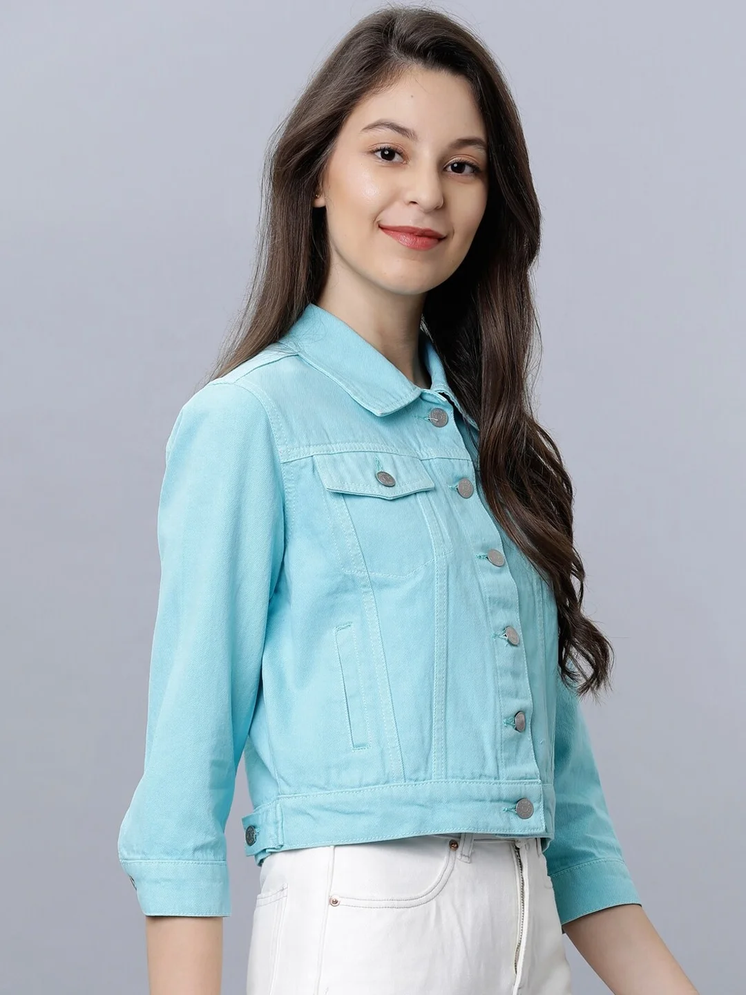 2022 Spring Autumn Customized fashion denim jacket women  jean jackets ferozi Color women denim/jean jacket