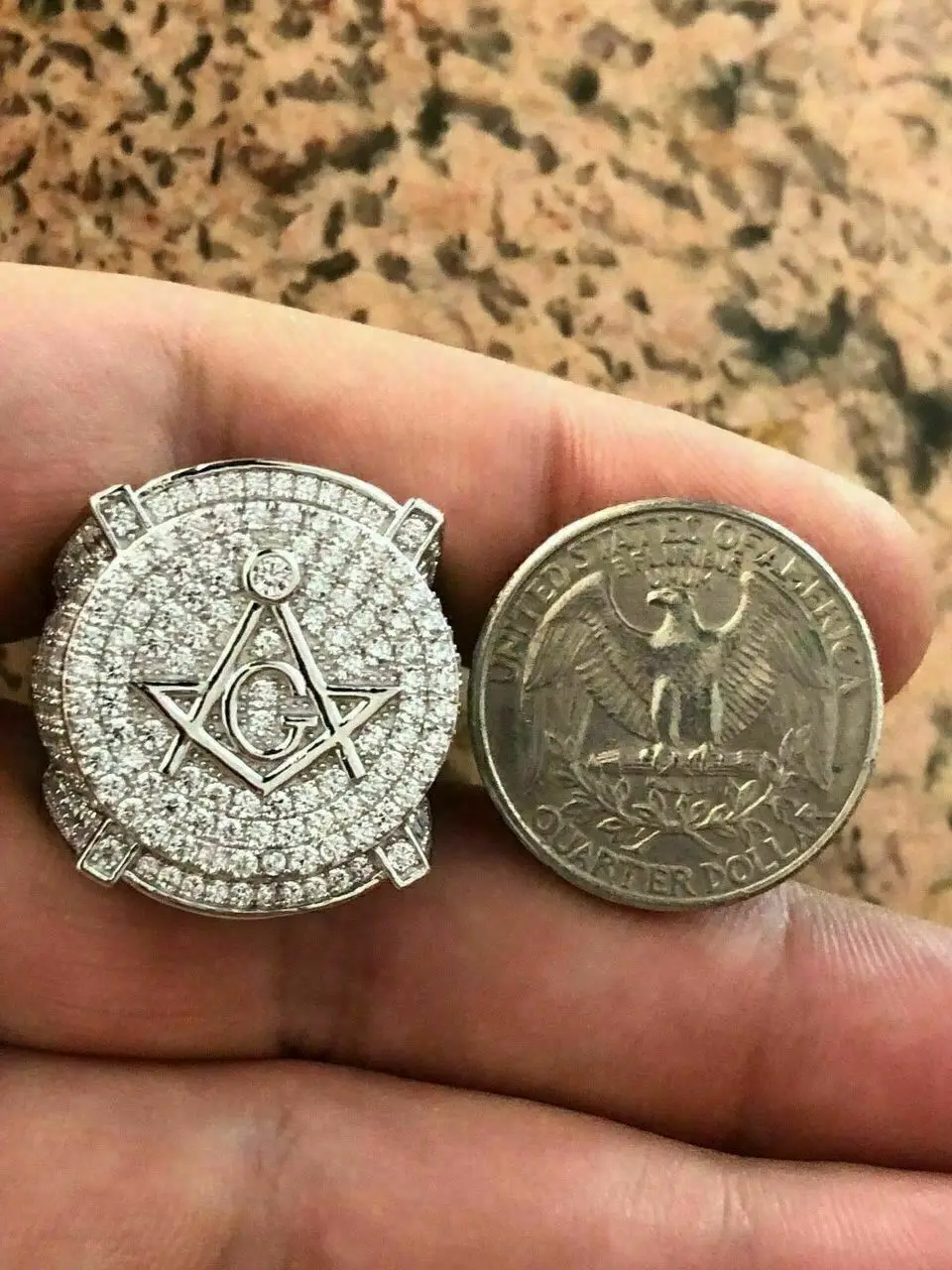 Mens Large Solid 925 Silver Iced Diamond Masonic Ring Round Moissanite Hip hop Gold Over Ring Anniversary Gift For Him by Ritzin