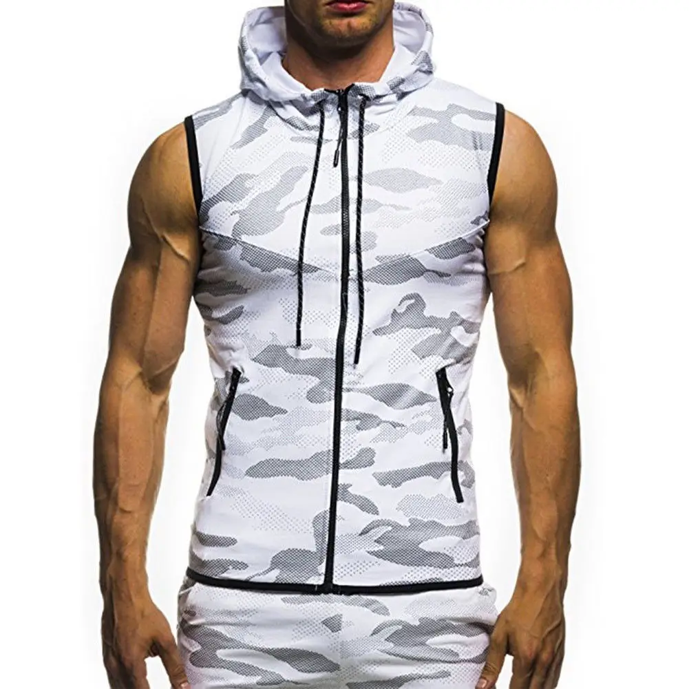 Camo Sleeveless Custom Hoodie For Men Zipper-up Hoodie