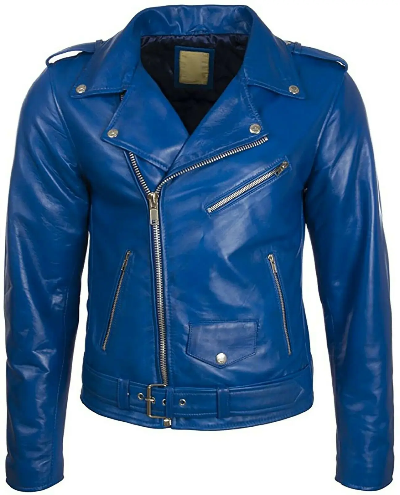 Mens Biker Jacket Zipper Motorbike Cowhide Fashion Collar Biker Leather Jacket BLUE
