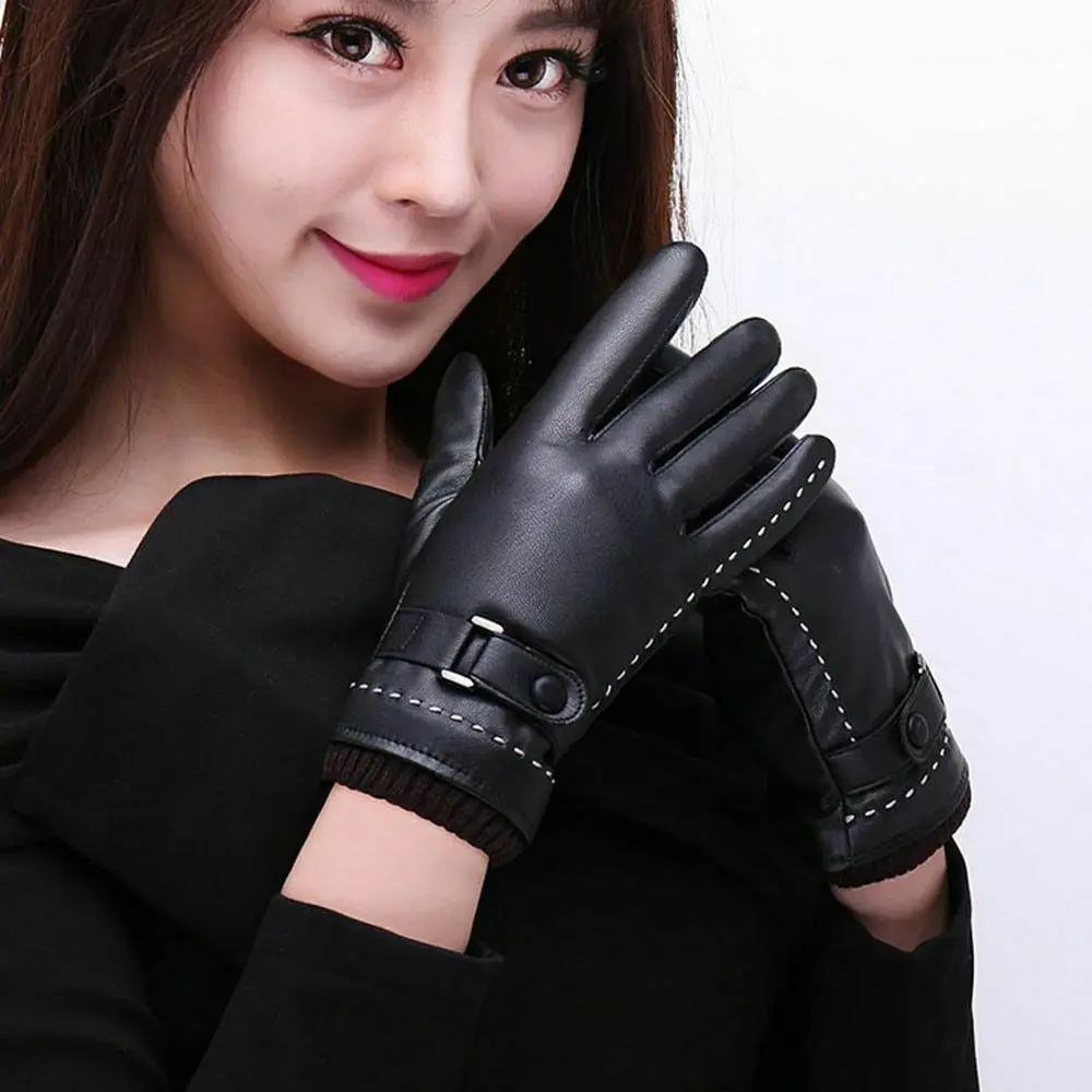 Women Winter Gloves Warm Leather Solid Thermal Black Buckles Smart Touch Fashion Leather Gloves