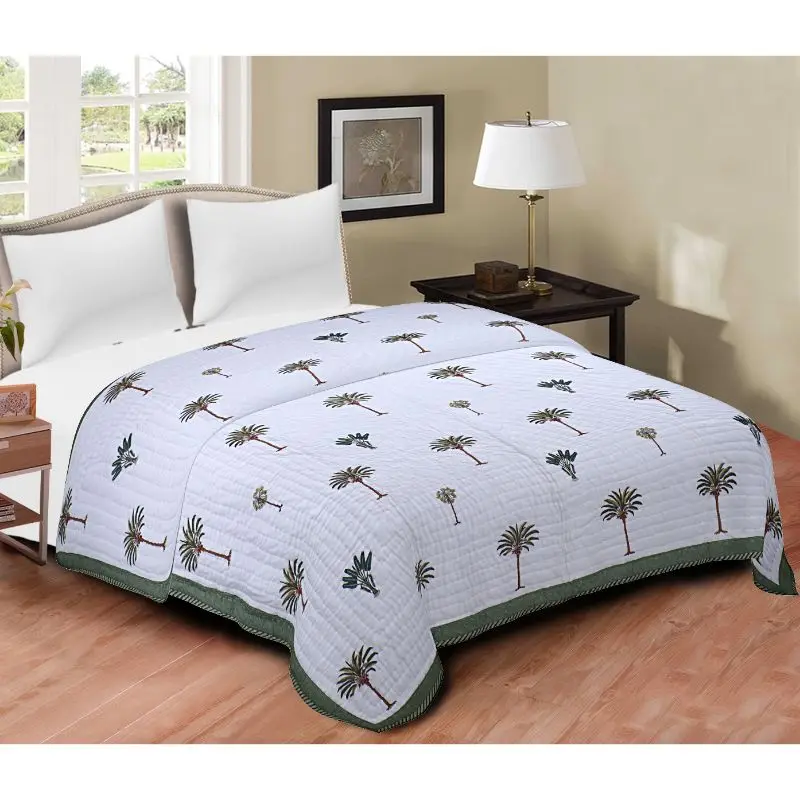 Зеленое пальмовое одеяло kantha, оптовая продажа, одеяло King queen из 100% хлопка, одеяло ручной работы