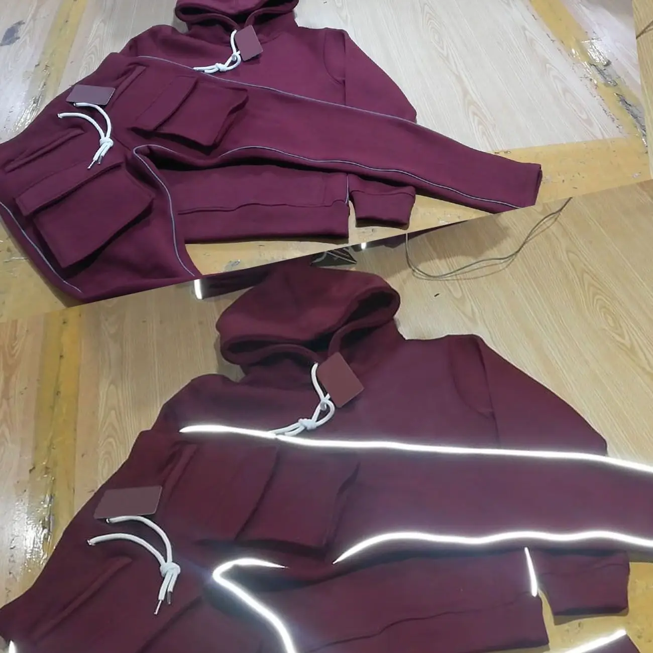 Burgundy Jogger Casual Large Size blank tracksuits unisex Reflective Strip Jogging Sets 2 Piece Tracksuits/cargo pocket joggers