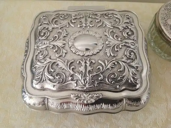 Vintage Engraved Brass Silver Plated Jewellery Box