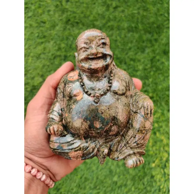 Unakite Laughing Buddha Natural Crystal Hand Carved Healing Stone Black Obsidian Buddhas Statue for wholesale