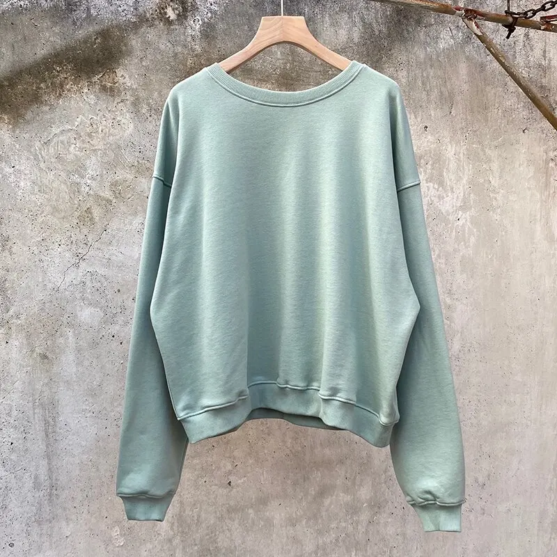 Customized Retro Solid Color Crew Neck Fleece Sweatshirts for Men and Women Oversized Streetwear Harajuku Loose