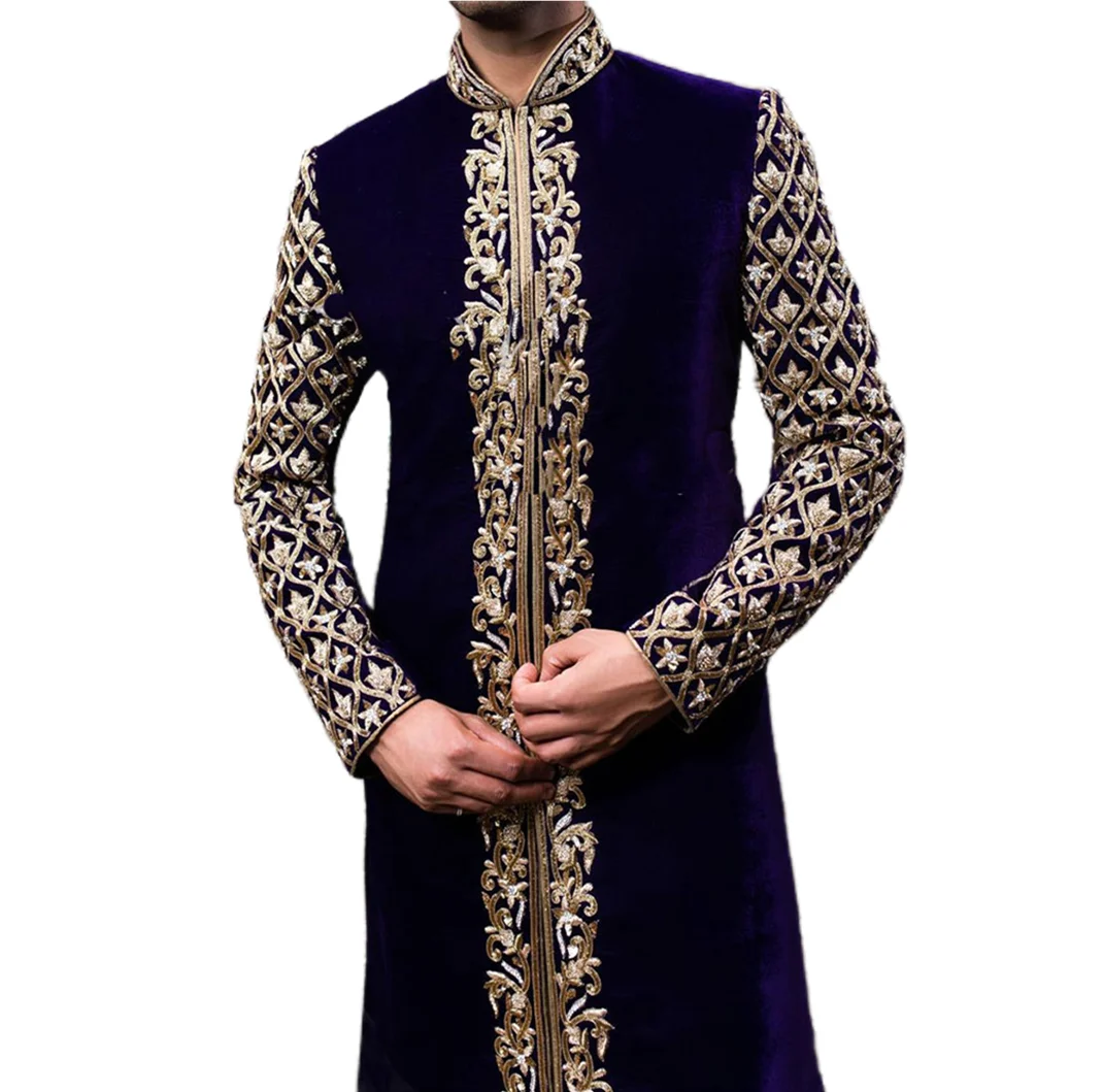 SIPO Luxury Muslim Male Stand Collar Long Sleeve Gold Outwear Islamic Arabic Abaya Turkish Robe Dubai Kaftan Clothing Man