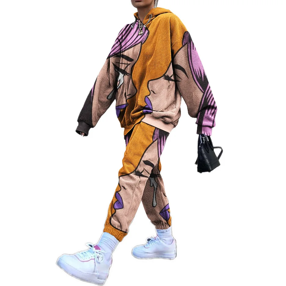 2 piece sets plus size women clothing Corduroy Abstract Graphic print  Street wear loose Sweat suits  Fall Clothing for Women