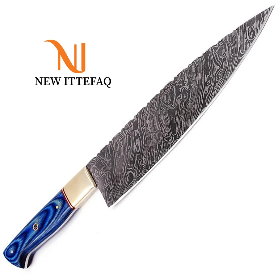 
Damascus Chef Knife | Damascus Steel Chef Kitchen Knife 13 inches Custom HANDMADE Fixed Blade Pakka Wood Brass Bolster Handle 