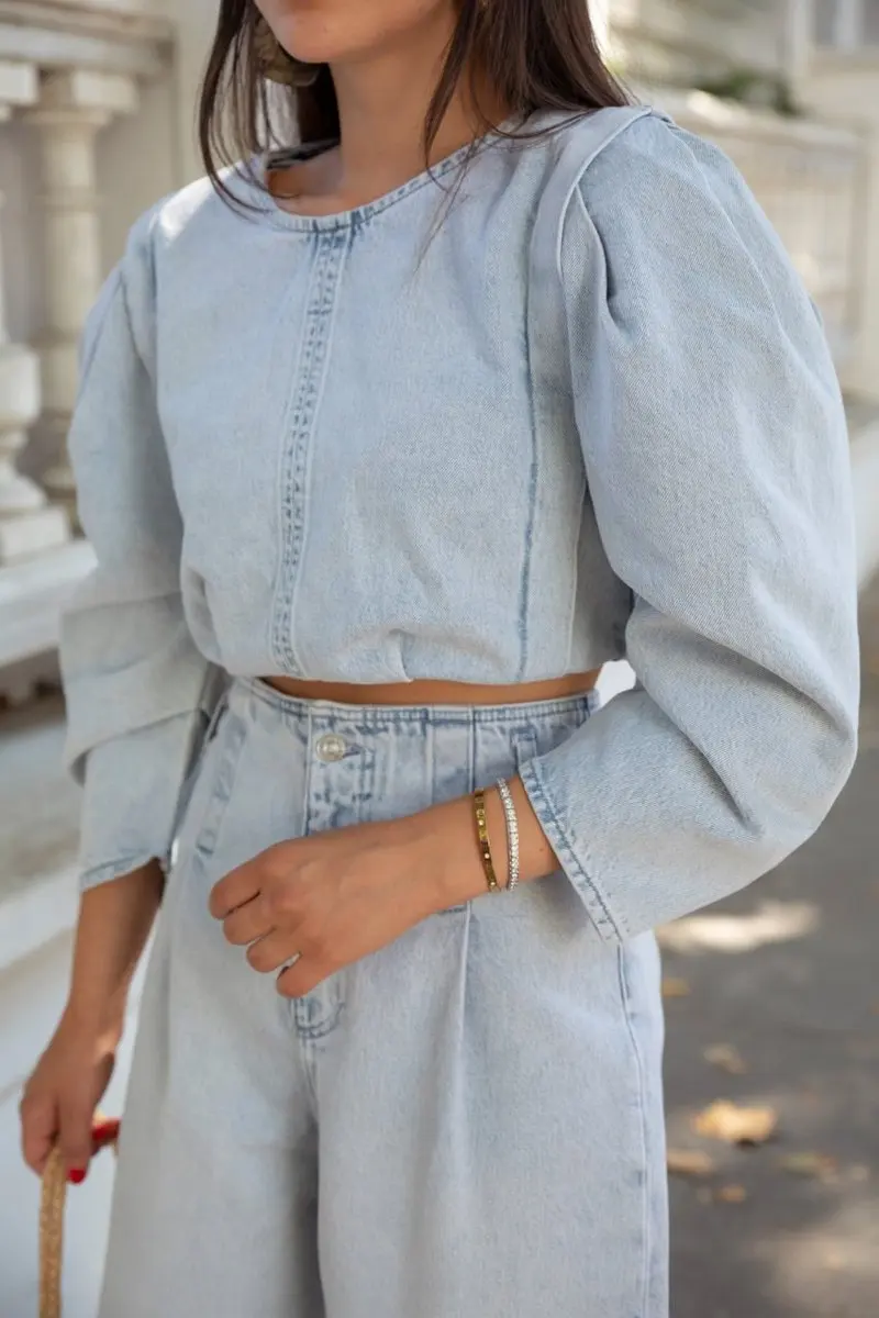 
High Quality Stylish Blue Denim Puff Sleeve Voluminous Crop Top Blue Jean Jacket Set Outfit 