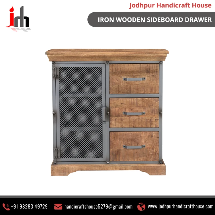 Железный Деревянный Современный Твердый коричневый черный промышленный буфет шкаф для хранения с 1 дверью и тремя ящиками