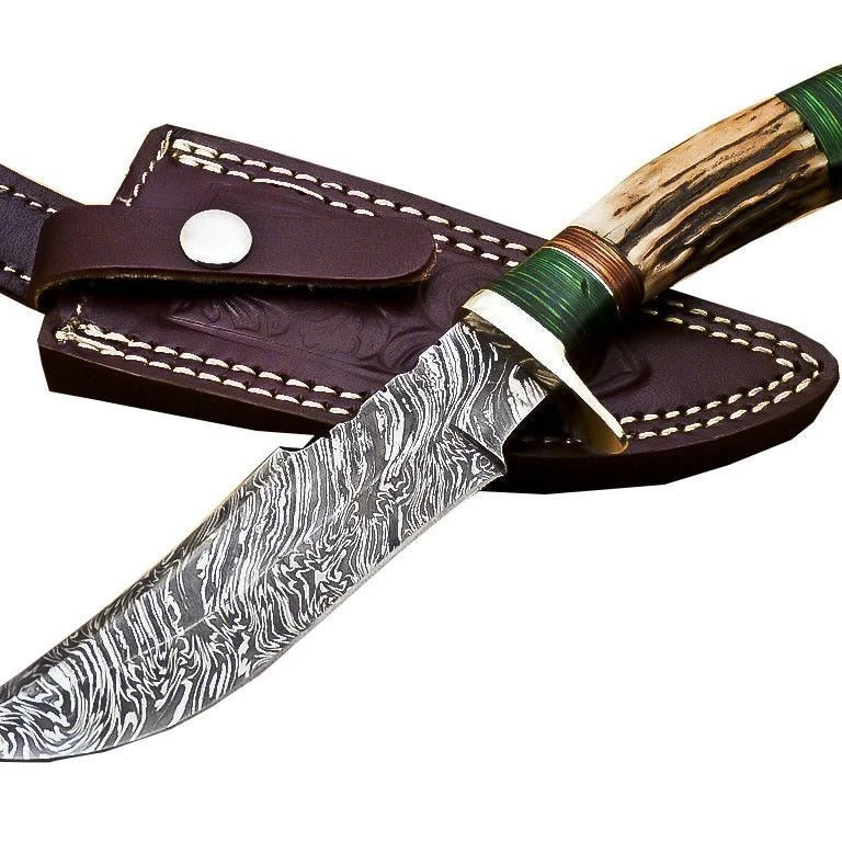 JUST AWESOME CUSTOM DESIGN HAND MADE DAMASCUS ARABIAN STYLE HUNTING AND SKINNING KNIFE WITH STAG HORN HANDLE
