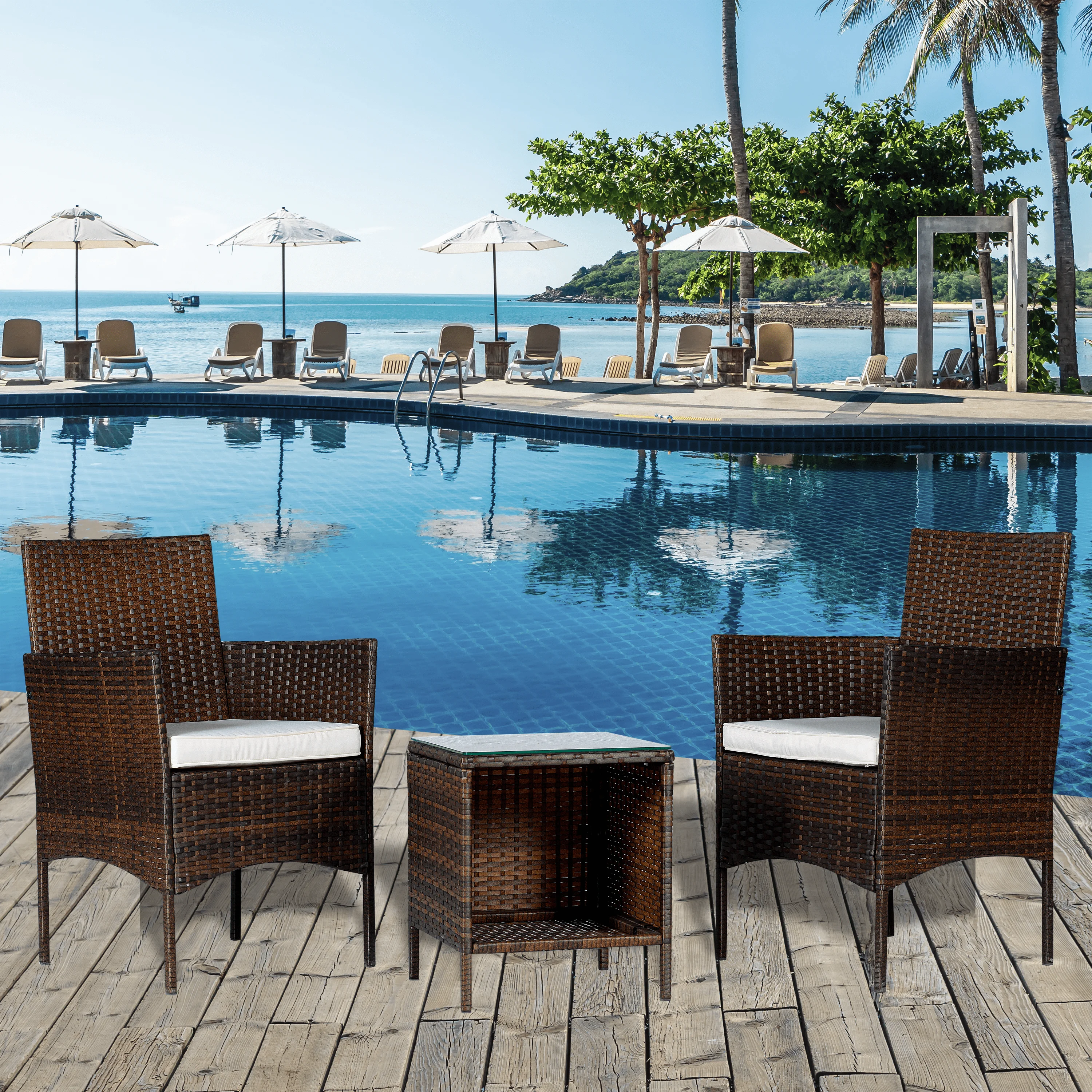 BeNK 3 Pieces Patio Wicker Bistro Coffee Bistro Set/  Small Garden Wicker Set for Balcony