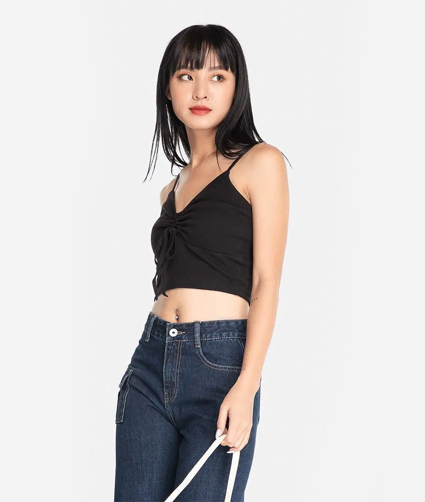 Ladies Modern Blouse Ribbed Knit Slip Crop Fashion Cutting Blouse Design Drawstring Produced In Vietnam