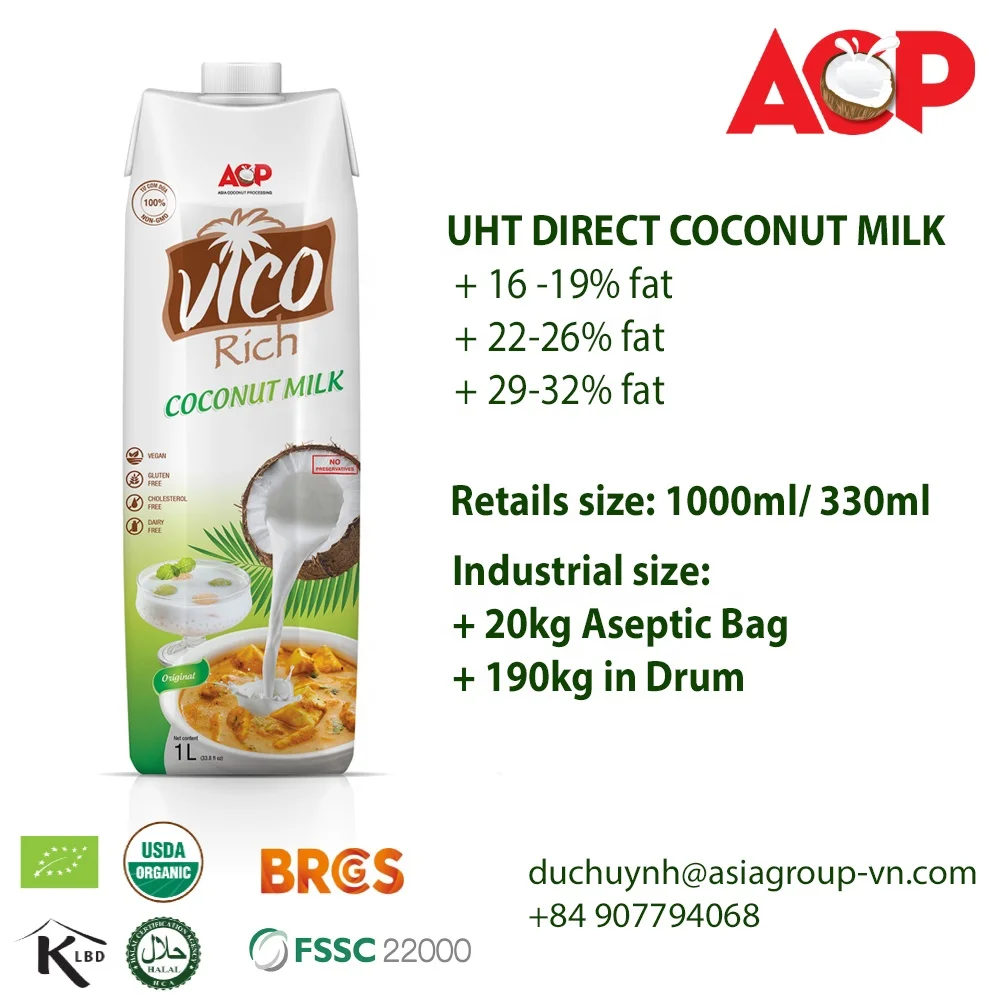 
UHT Coconut Milk/ Cream for industrial / retail size - Aseptic bag 20kg or drum 190kg, 1000ml, 330ml 