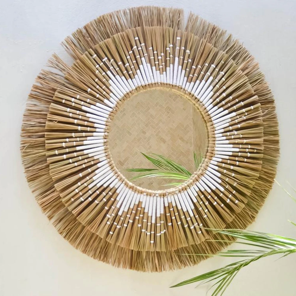 Hot selling seagrass boho mirror wall decor, Home decoration