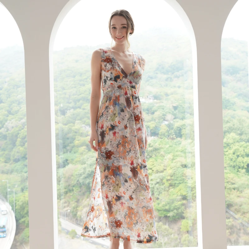 Ladies Autumn Beach Long Dress Sexy Side Split V Neck Printed Dress Party Cocktail Dress