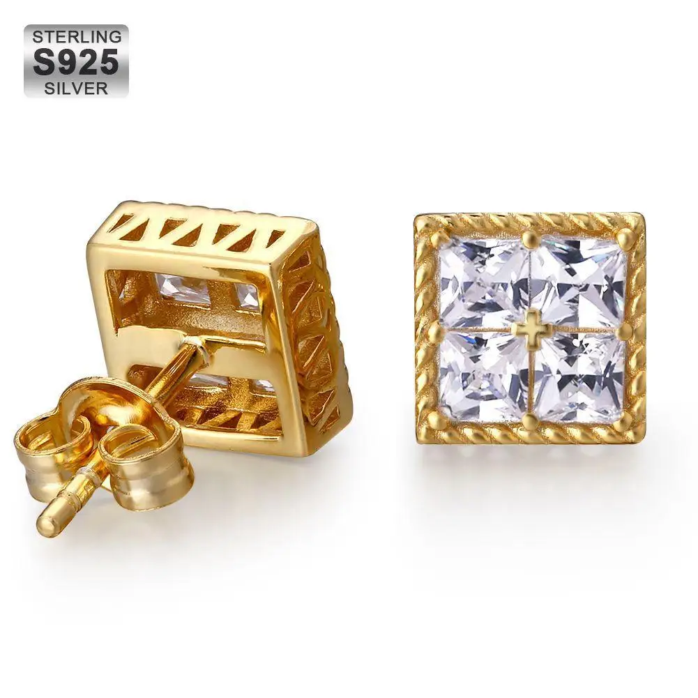 KRKC Wholesale Boys Earring 18k White Gold Sterling Silver Iced Princess Cut Square CZ Real Diamond Stud Earrings For Men