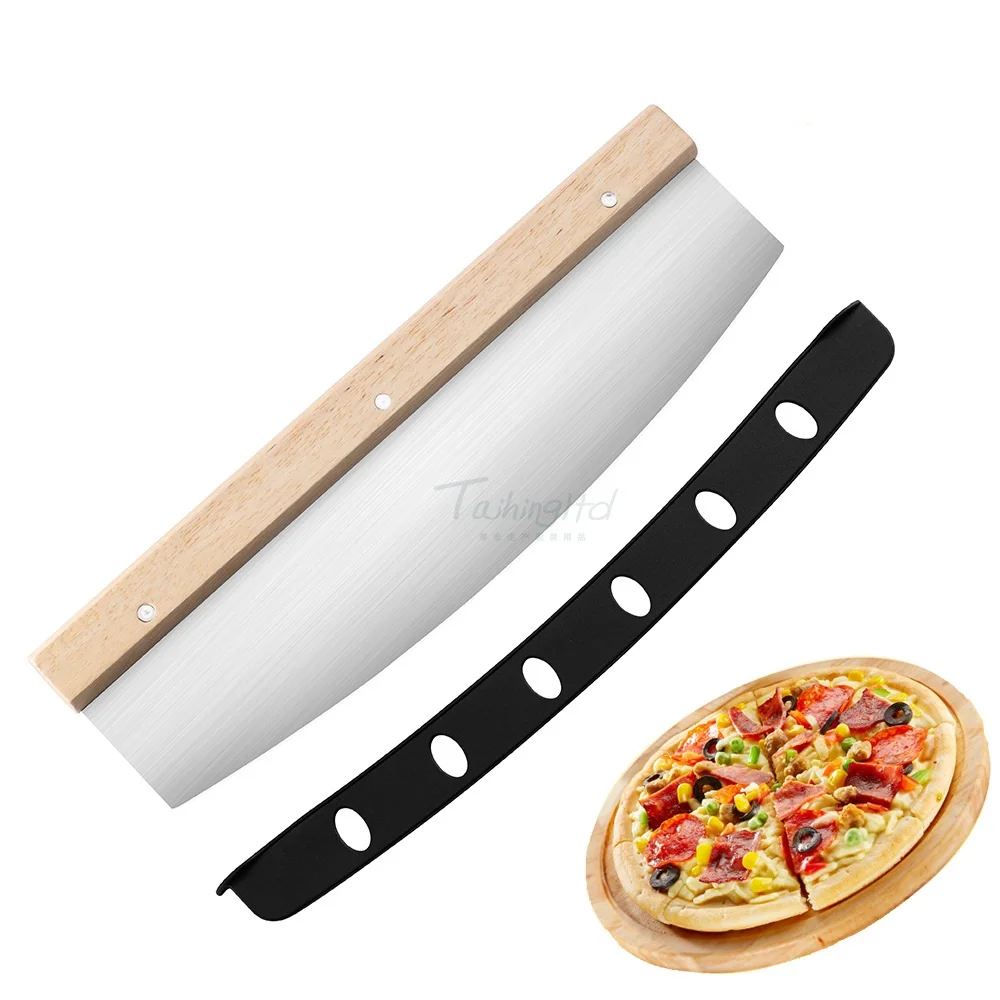 Advertising Custom Logo Blade Wood Handle Knife Slicer Stainless Steel Pizza Cutter Rocker