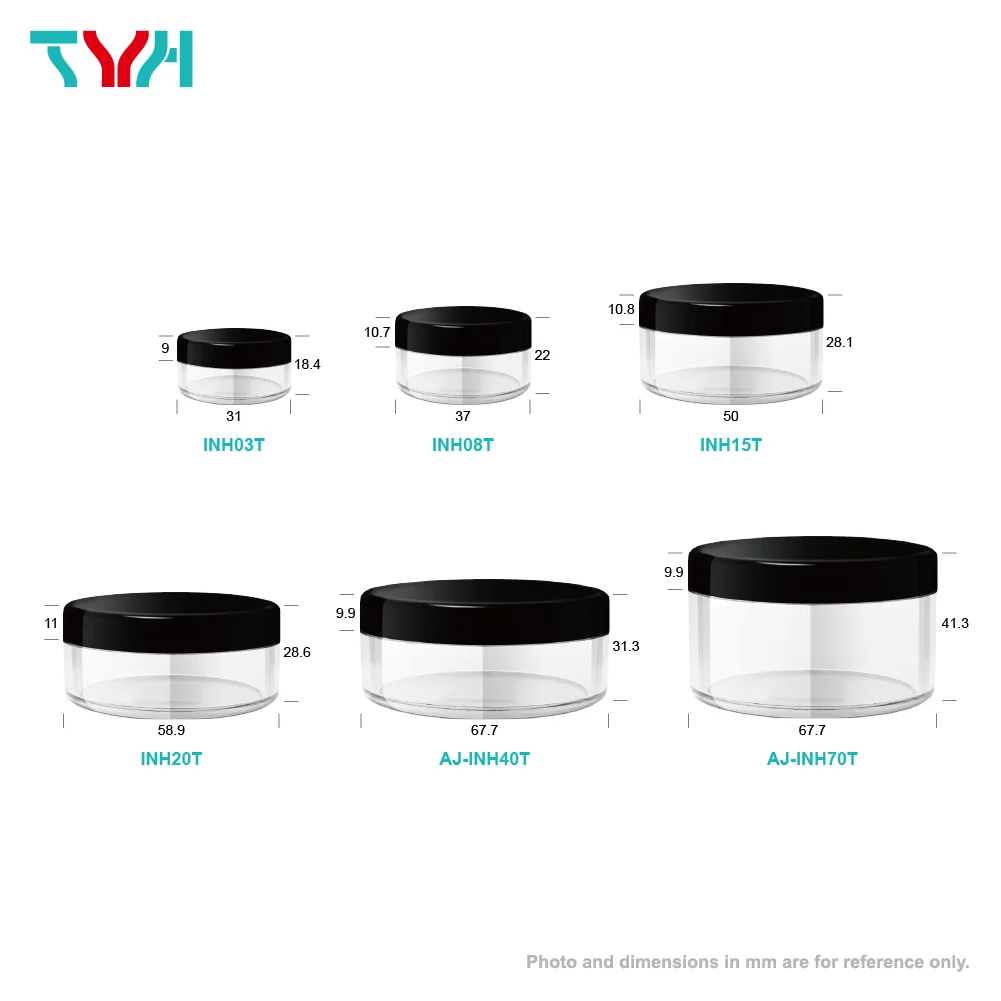 ABS PMMA Glossy Black Round Screw Cap 3ml 8ml 15ml 20ml 40ml 70ml SAN Clear Single Wall Loose Powder Jar PE Sifter (INHT Series)