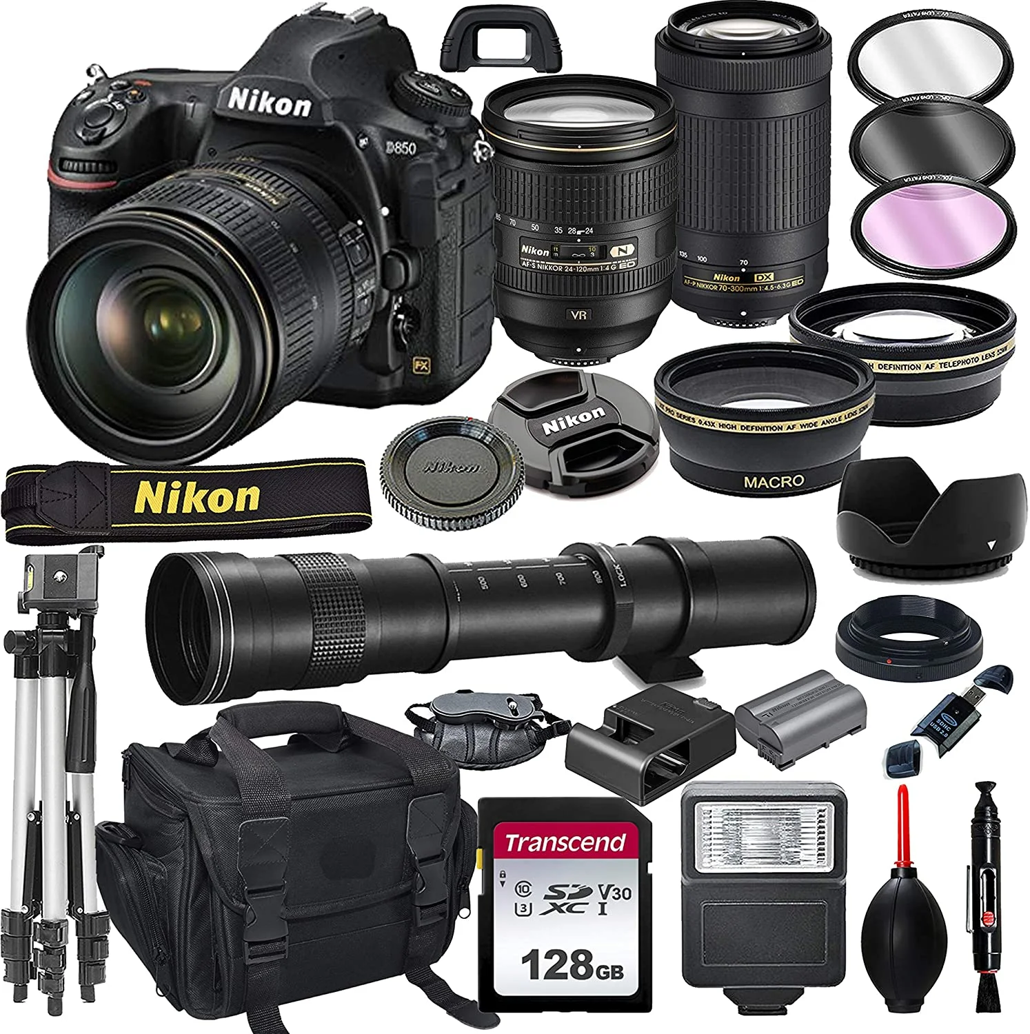 
FAST Delivery For Nikon D850 DSLR Camera with 24-120mm VR and 70-300mm Lens Bundle with 420-800mm Preset f/8 Telephoto Lens 