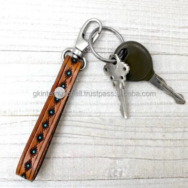 Custom design Tan leather key chain soft 2D hand tooled and engraved turquoise key ring with satin finish hardware