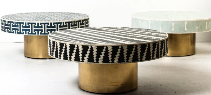 Hot Sale Bone Inlay Round Floral Coffee Table with Brass Base  Bone Inlay Furniture Handicraft from India