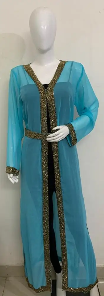 2022 EID Collection Dubai Abaya Georgette Front Open Style With Bead Work Belt Hand Embroidery Luxury Full Length dress for lady