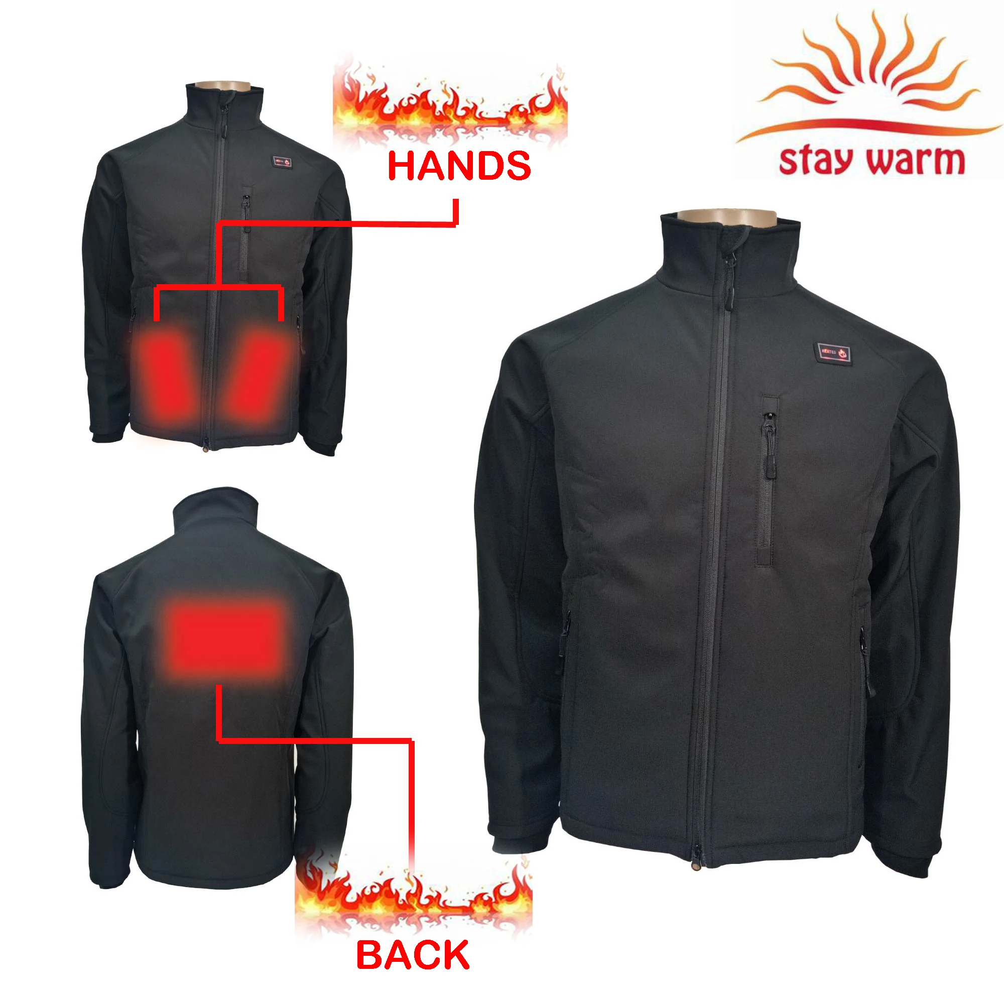water and wind resistant classic soft shell 5v usb heated jacket with carbon fiber heating pads