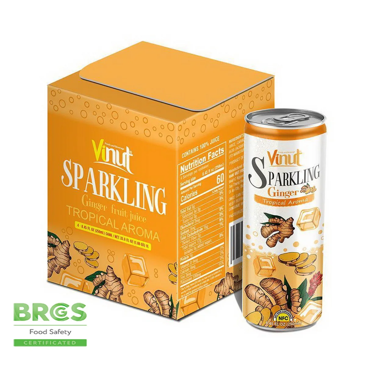 Box 4 cans 8.45 fl oz VINUT Tropical Aroma Ginger Sparkling water OEM energy