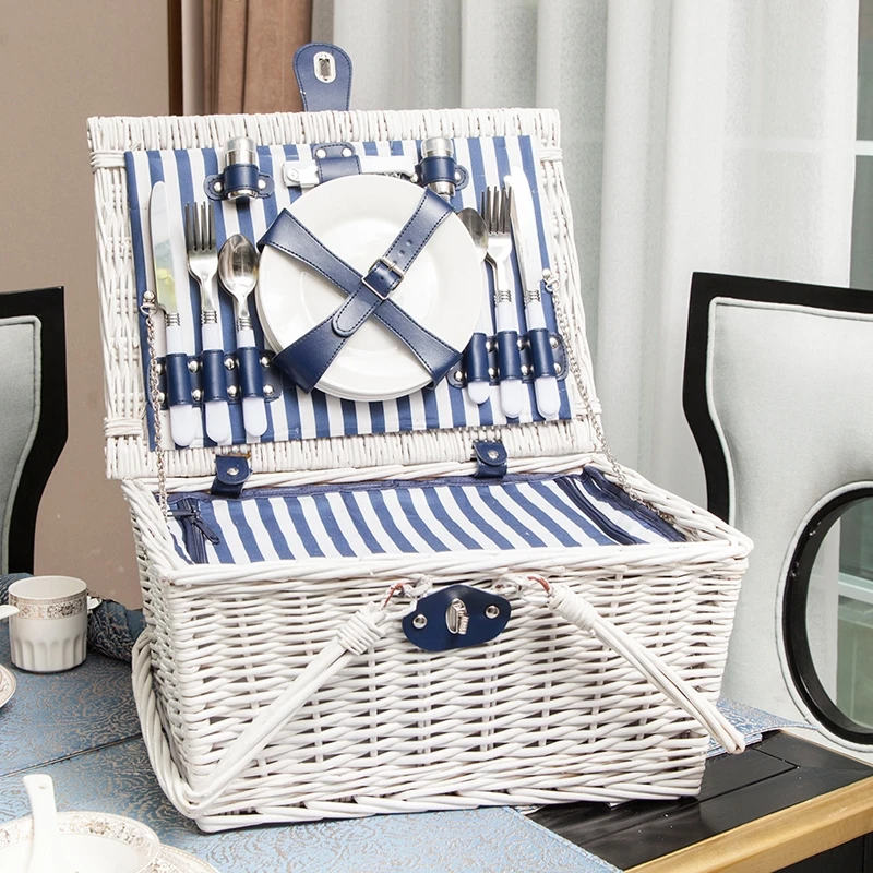 Durable Handmade Insulated Utensil Accessories Woven Handle Cutlery Kit Empty  Hamper Wicker Picnic Basket For 4