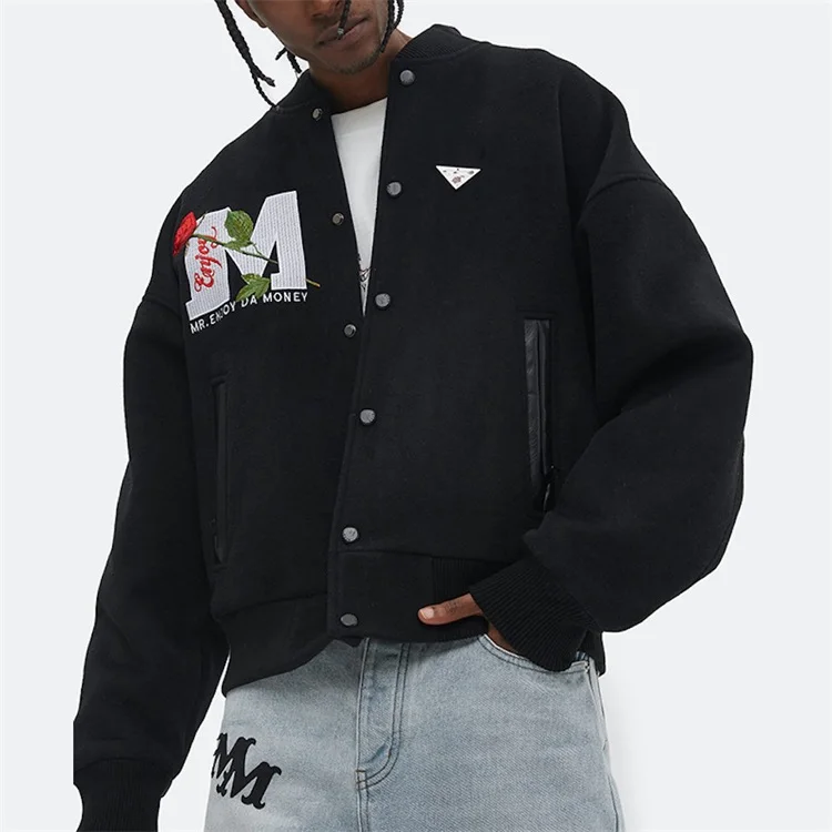 OEM custom winter 100% wool rose embroidery fleece varsity bomber letter jacket for men
