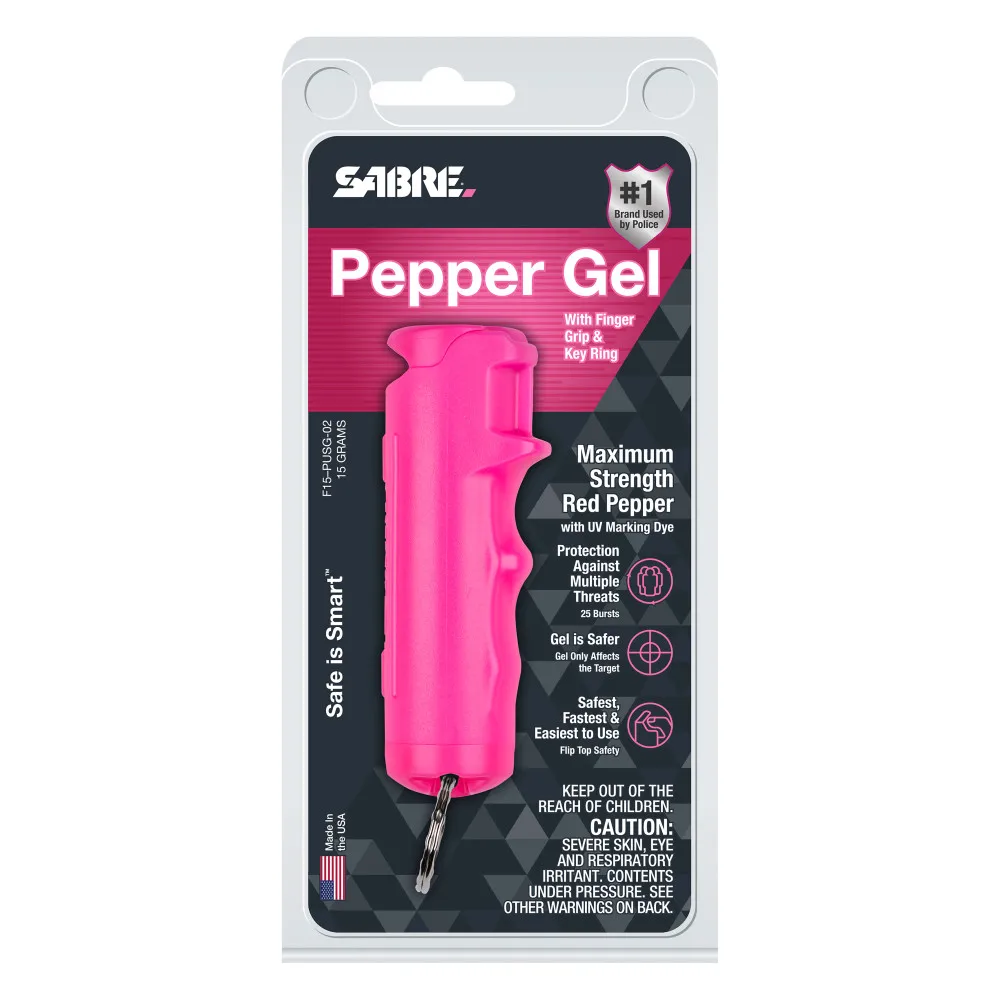 
12-Foot Range SABRE Pepper Gel with Finger Grip and Key Ring, UV Marking Dye Ergonomic Finger Grip Flip Top Safety, Pink 