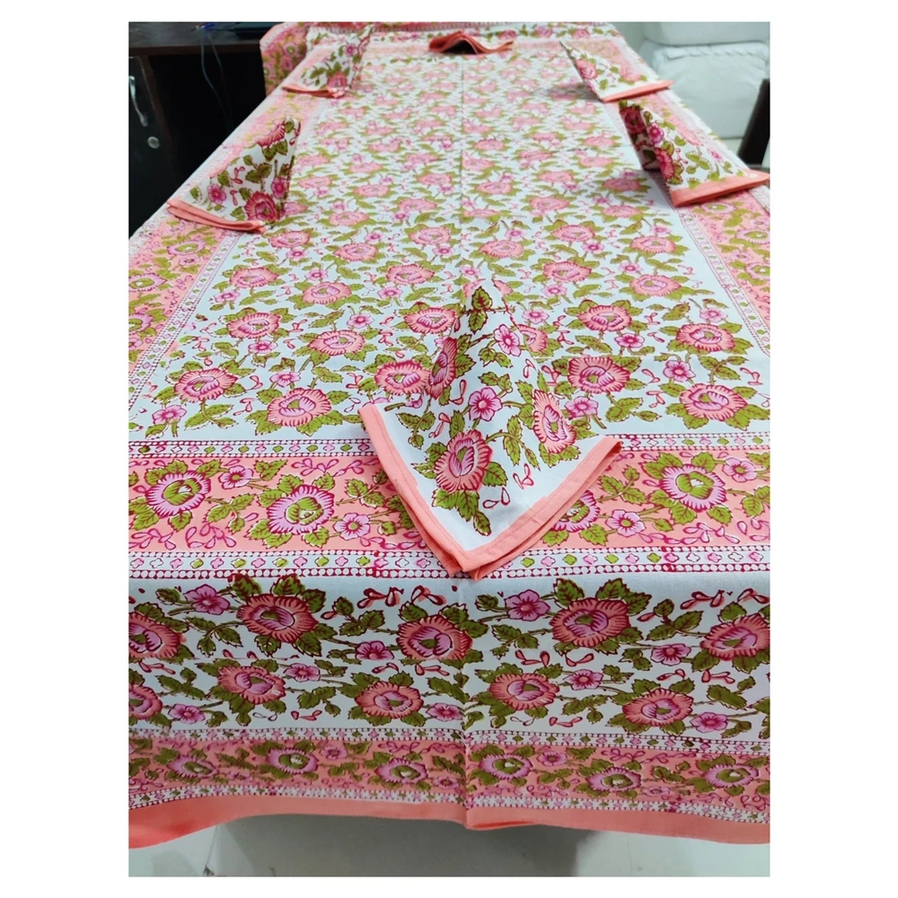 Оптовая продажа B2B 2023 новый дизайн 100% хлопок прямоугольные скатерти с 6 шт. салфеток цветочный принт ручной блок печатные